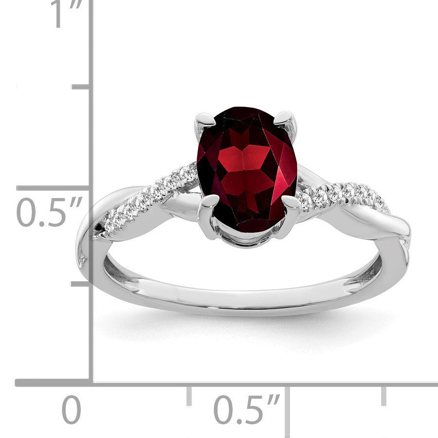 14k White Gold 8x6mm Oval Garnet and 1/15 carat Diamond Ring