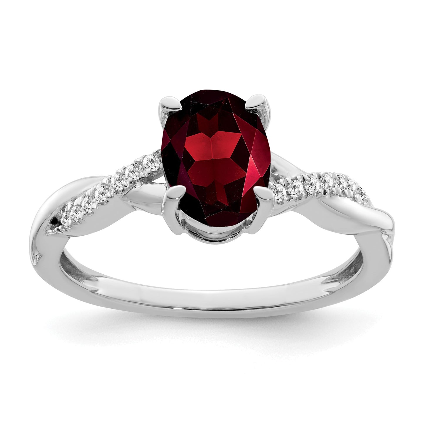 14k White Gold 8x6mm Oval Garnet and 1/15 carat Diamond Ring