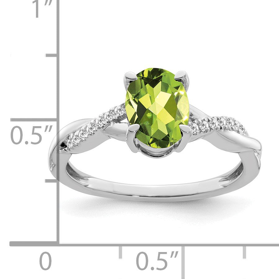 14k White Gold 8x6mm Oval Peridot and 1/15 carat Diamond Ring