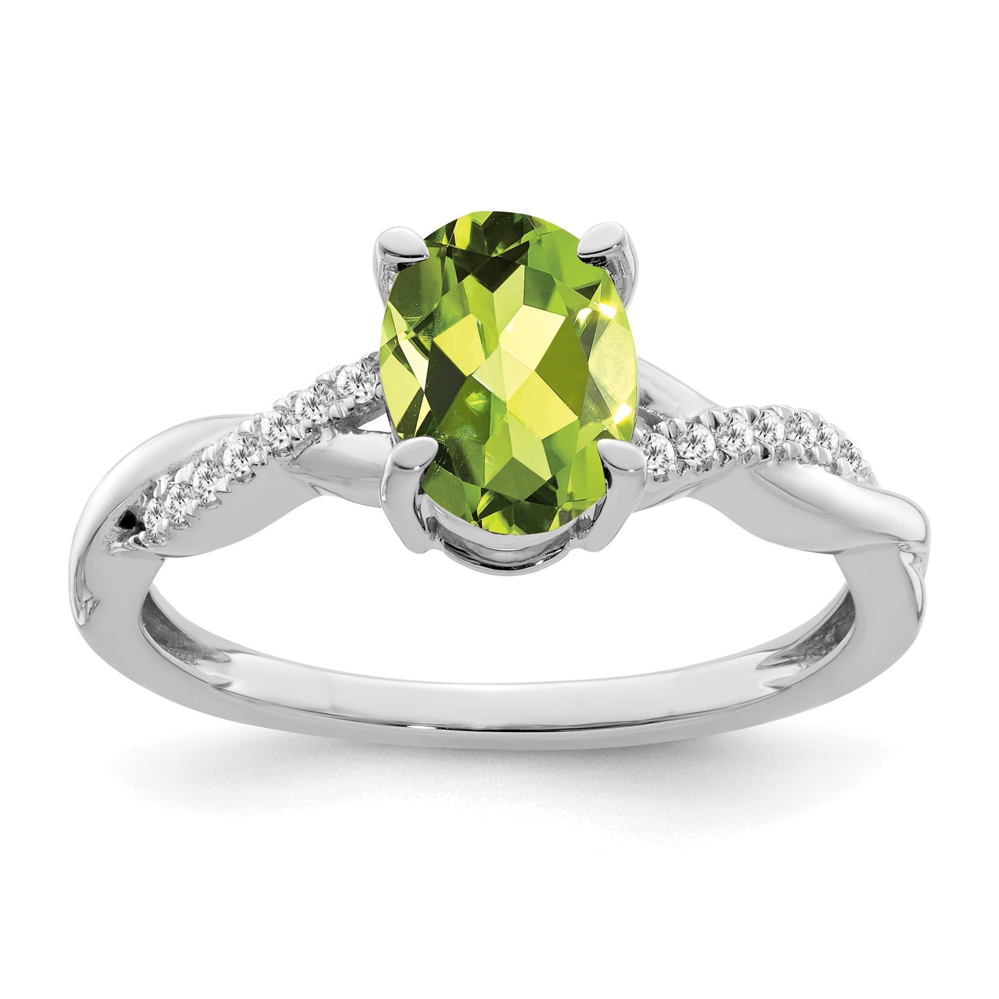 14k White Gold 8x6mm Oval Peridot and 1/15 carat Diamond Ring