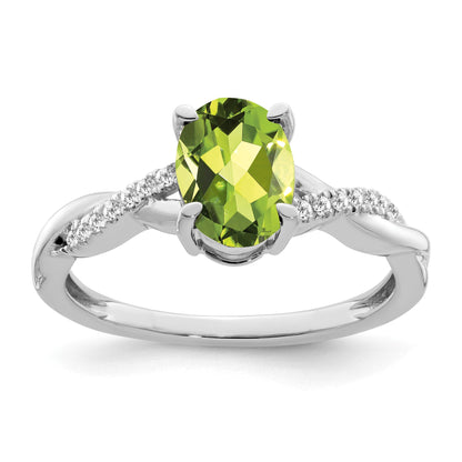 14k White Gold 8x6mm Oval Peridot and 1/15 carat Diamond Ring