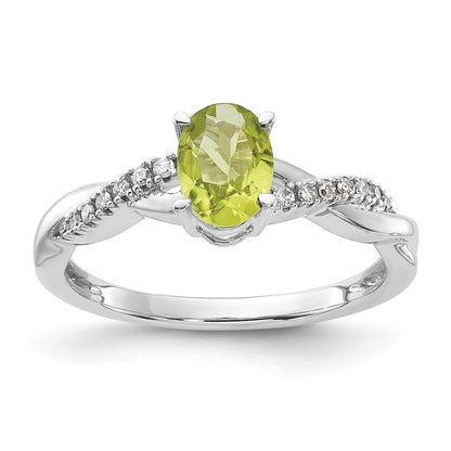 14K White Gold 7x5 Oval August/Peridot and Diamond Size 7 Ring