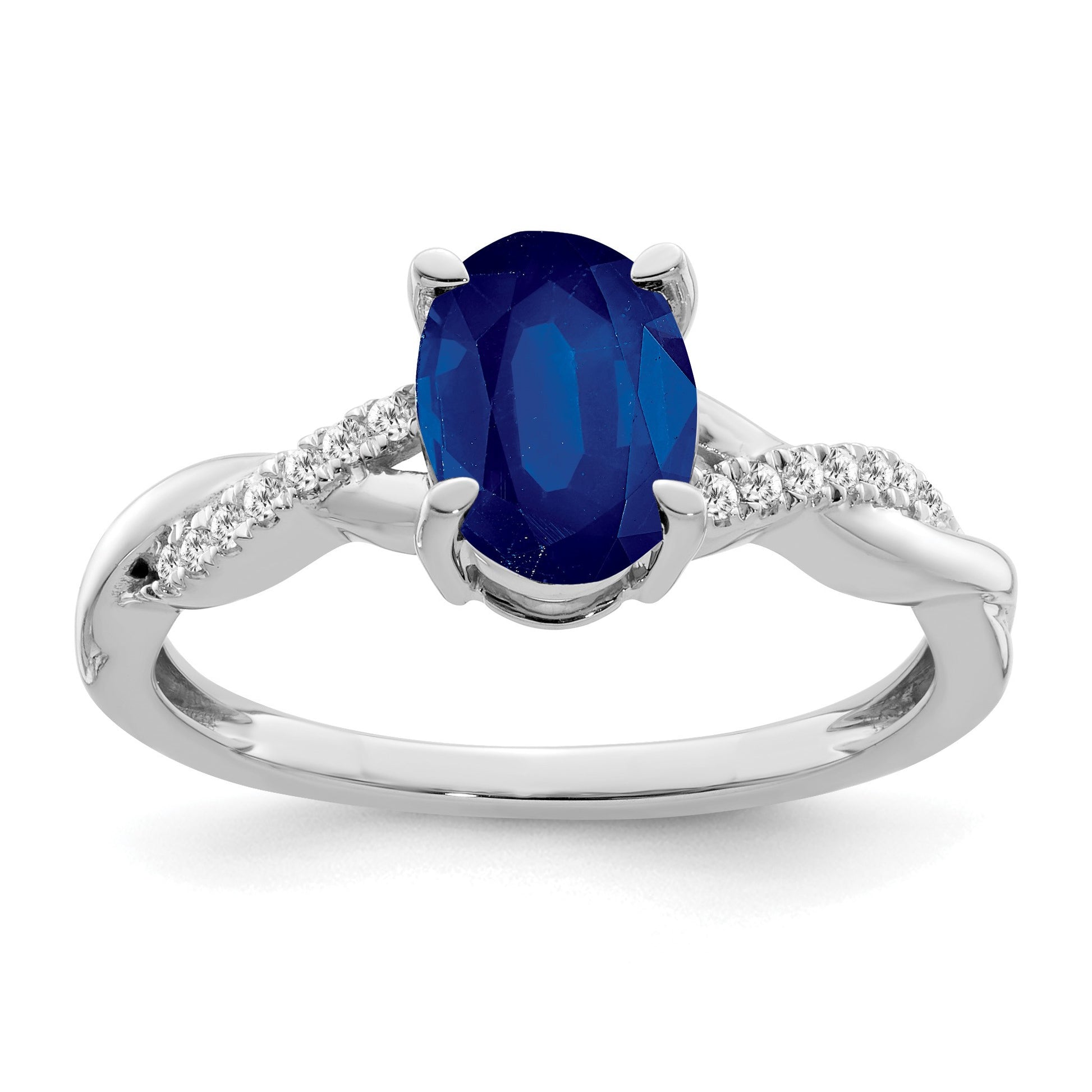 14k White Gold 8x6mm Oval Blue Sapphire and 1/15 carat Diamond Ring