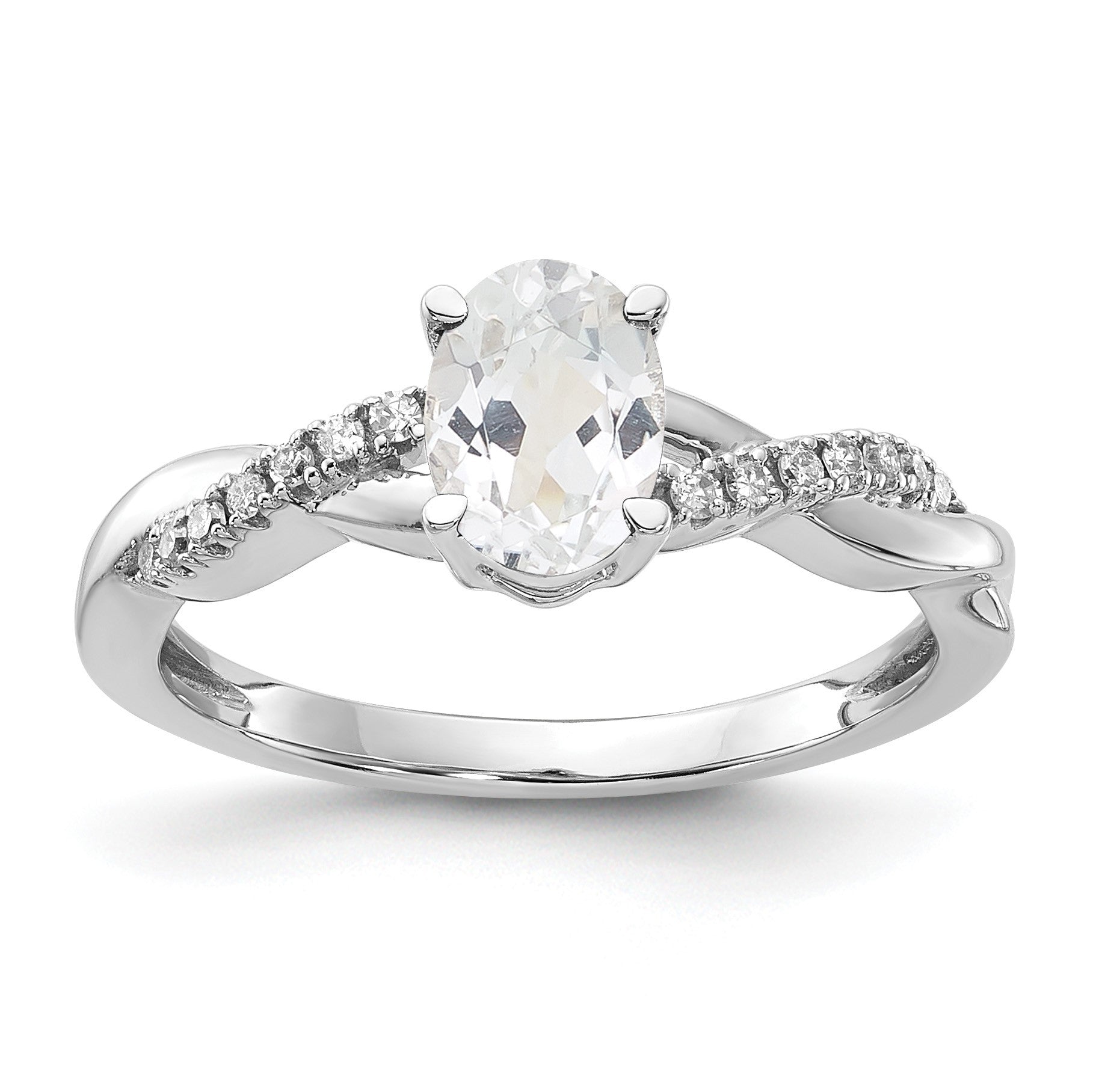 14K White Gold 7x5 Oval April/White Topaz and Diamond Size 7 Ring