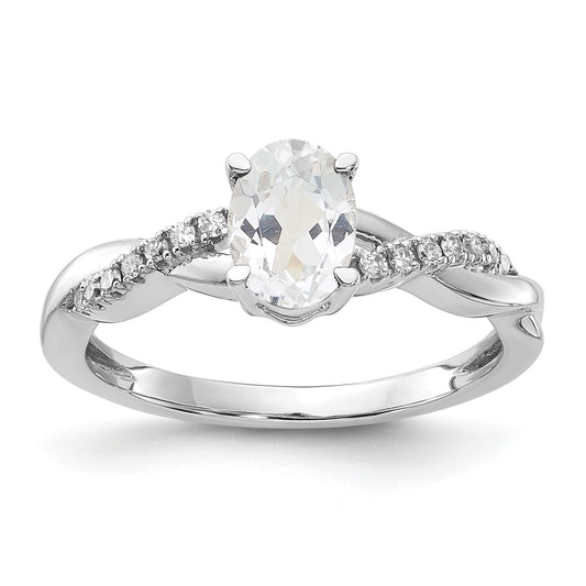 14K White Gold 7x5 Oval April/White Topaz and Diamond Size 7 Ring