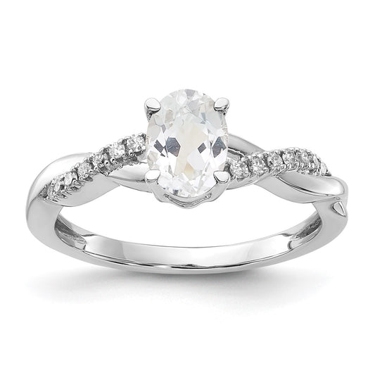 14K White Gold Oval White Topaz and Diamond Ring