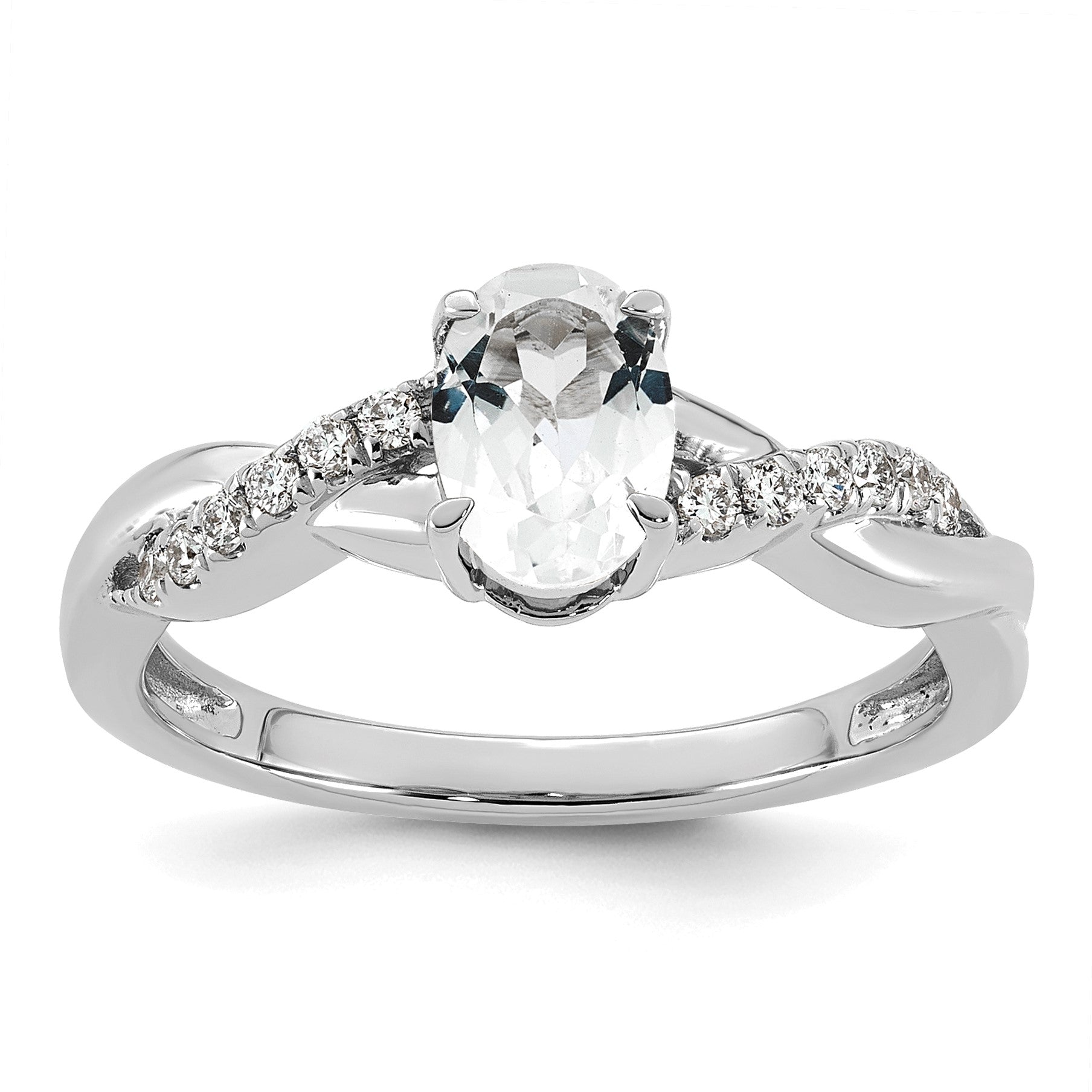 14k White Gold White Topaz & 1/10 carat Lab Grown Diamond VS/SI+ G+ Oval April Birthstone Complete Ring