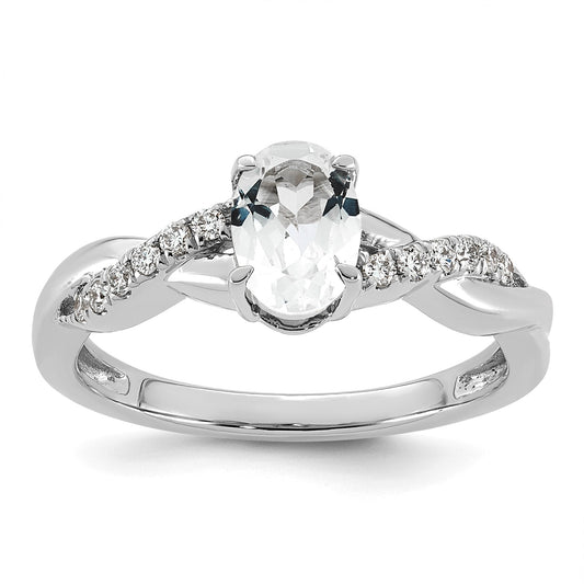 14k White Gold White Topaz & 1/10 carat Lab Grown Diamond VS/SI+ G+ Oval April Birthstone Complete Ring