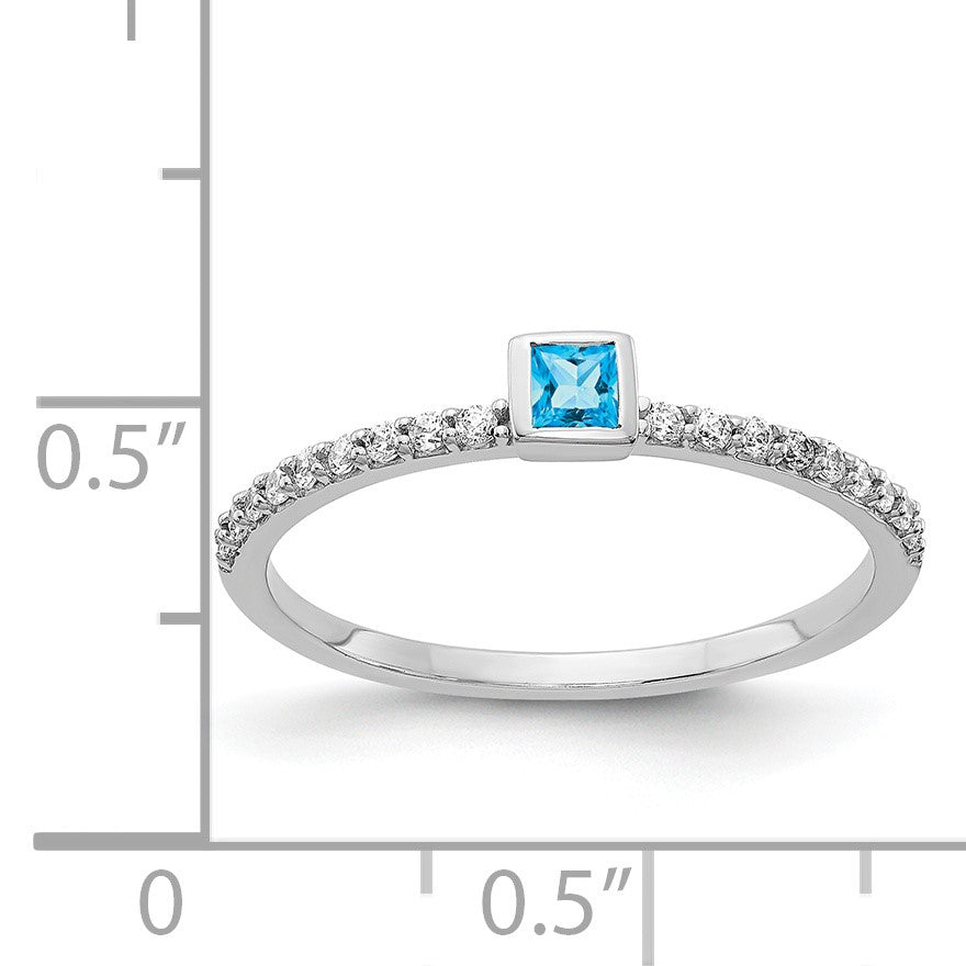 14k White Gold 1/6 carat Diamond and 2.5mm Princess-cut Blue Topaz Bezel Ring