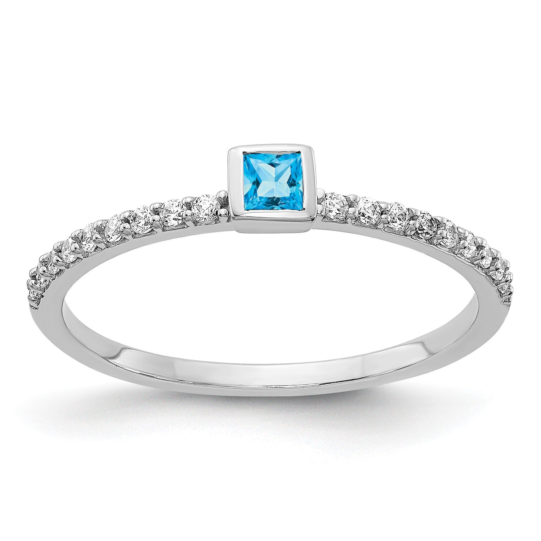 14k White Gold 1/6 carat Diamond and 2.5mm Princess-cut Blue Topaz Bezel Ring