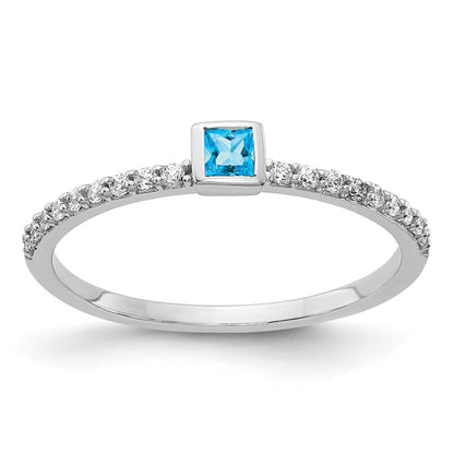 14k White Gold 1/6 carat Diamond and 2.5mm Princess-cut Blue Topaz Bezel Ring