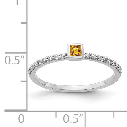 14k White Gold 1/6 carat Diamond and 2.5mm Princess-cut Citrine Ring