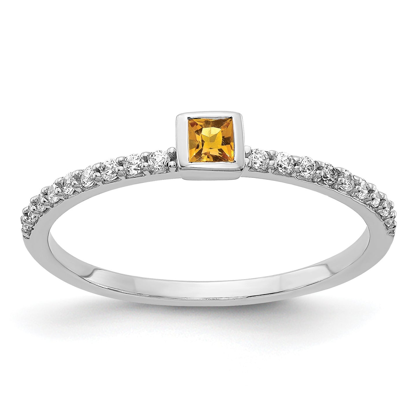 14k White Gold 1/6 carat Diamond and 2.5mm Princess-cut Citrine Ring