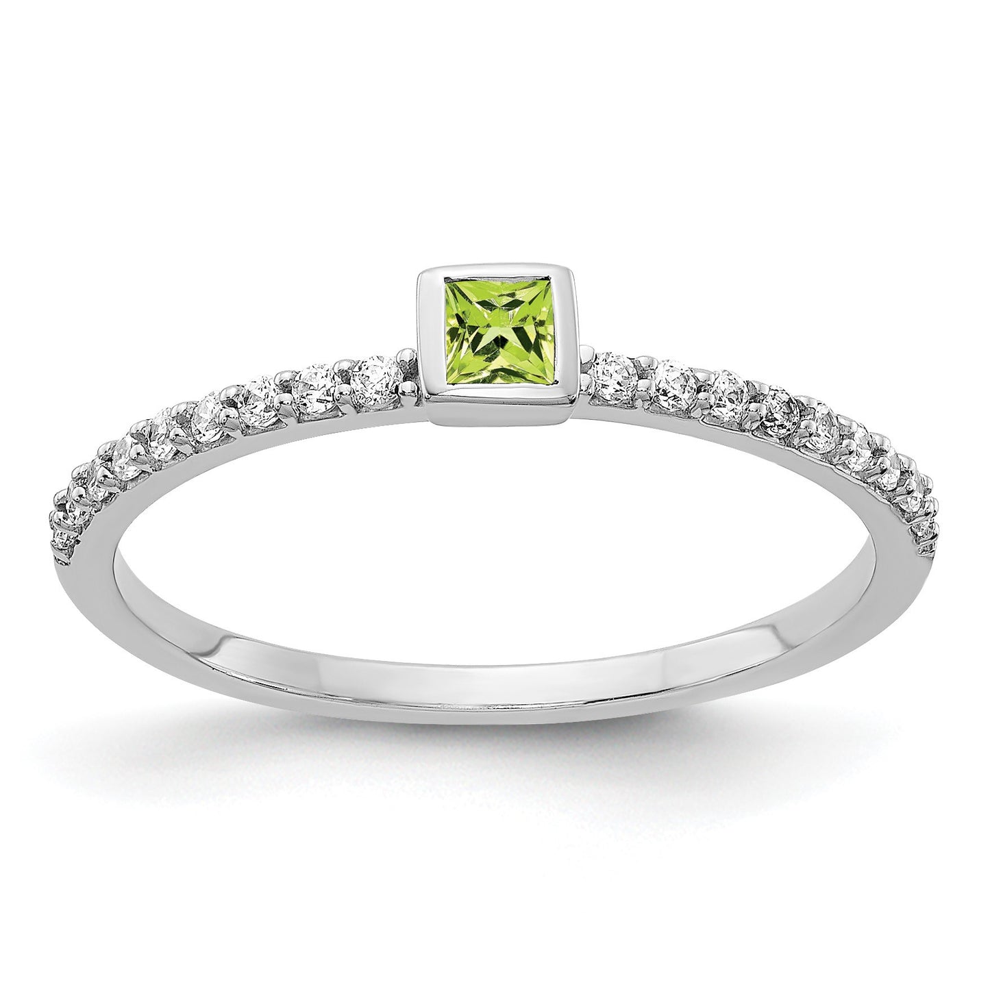 14k White Gold 1/6 carat Diamond and 2.5mm Princess-cut Peridot Bezel Ring
