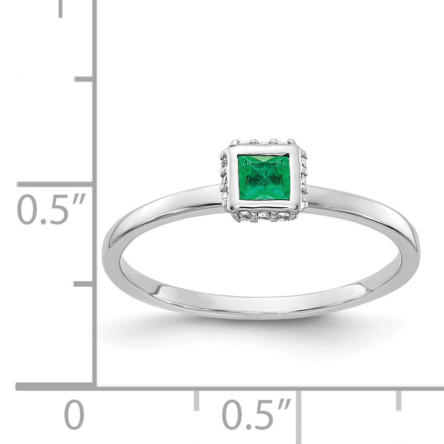 14k White Gold 1/20 carat Diamond and 3mm Princess Emerald Halo Ring