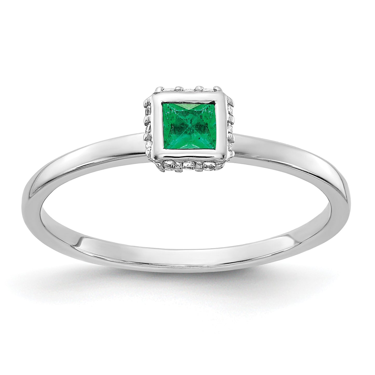 14k White Gold 1/20 carat Diamond and 3mm Princess Emerald Halo Ring