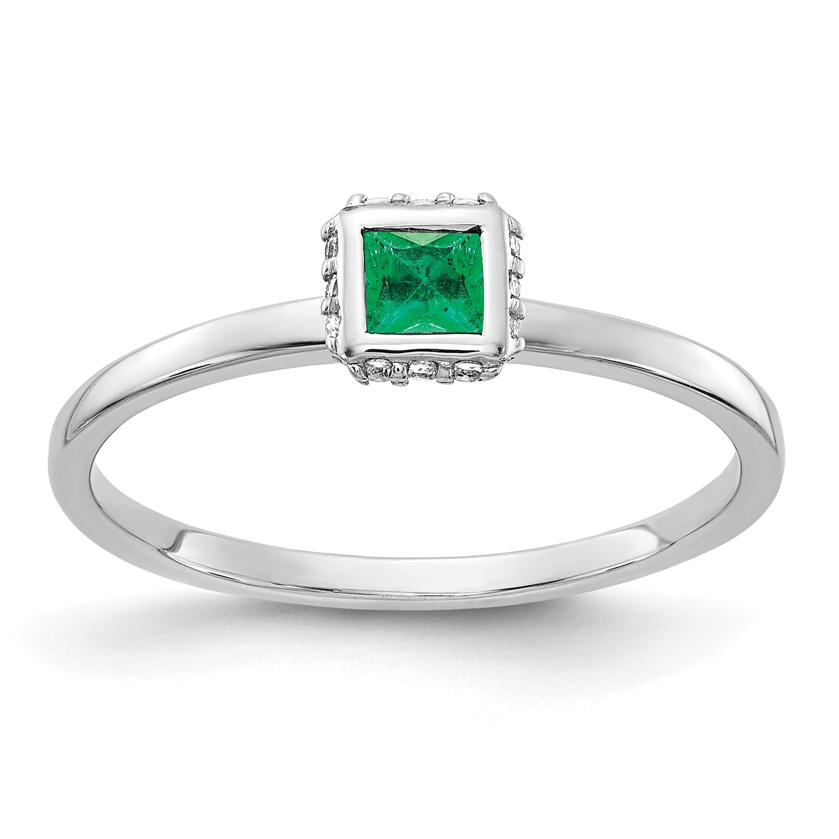 14k White Gold 1/20 carat Diamond and 3mm Princess Emerald Halo Ring
