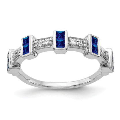 14k White Gold Fancy 1/6 carat Diamond and Blue Princess Sapphire Ring