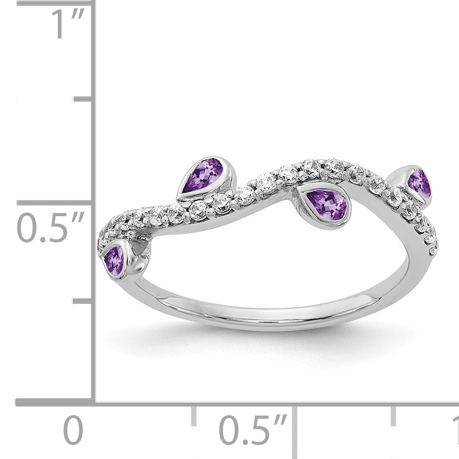 14k White Gold 1/5 carat Diamond and Pear Amethyst Curved 4-Stone Ring