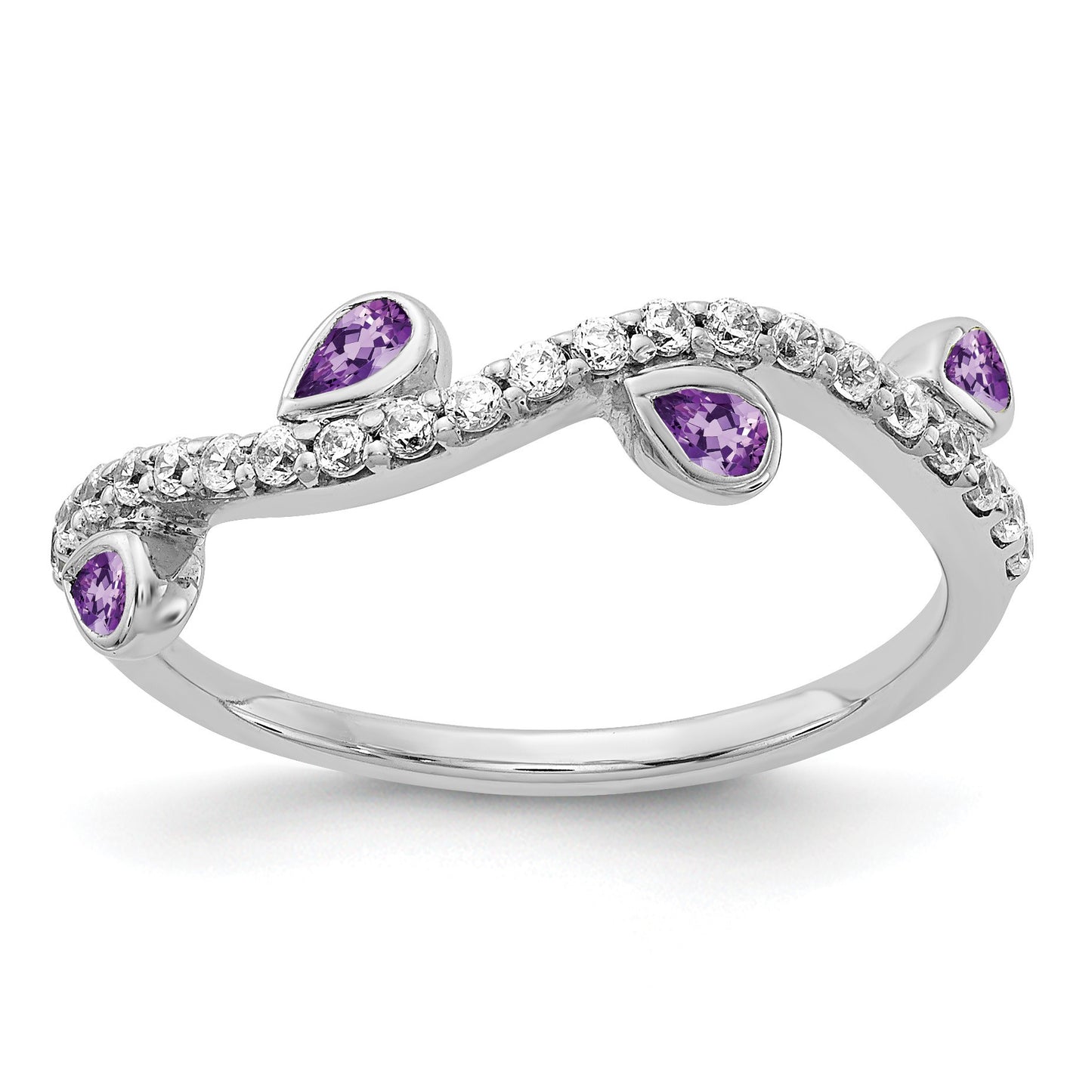 14k White Gold 1/5 carat Diamond and Pear Amethyst Curved 4-Stone Ring
