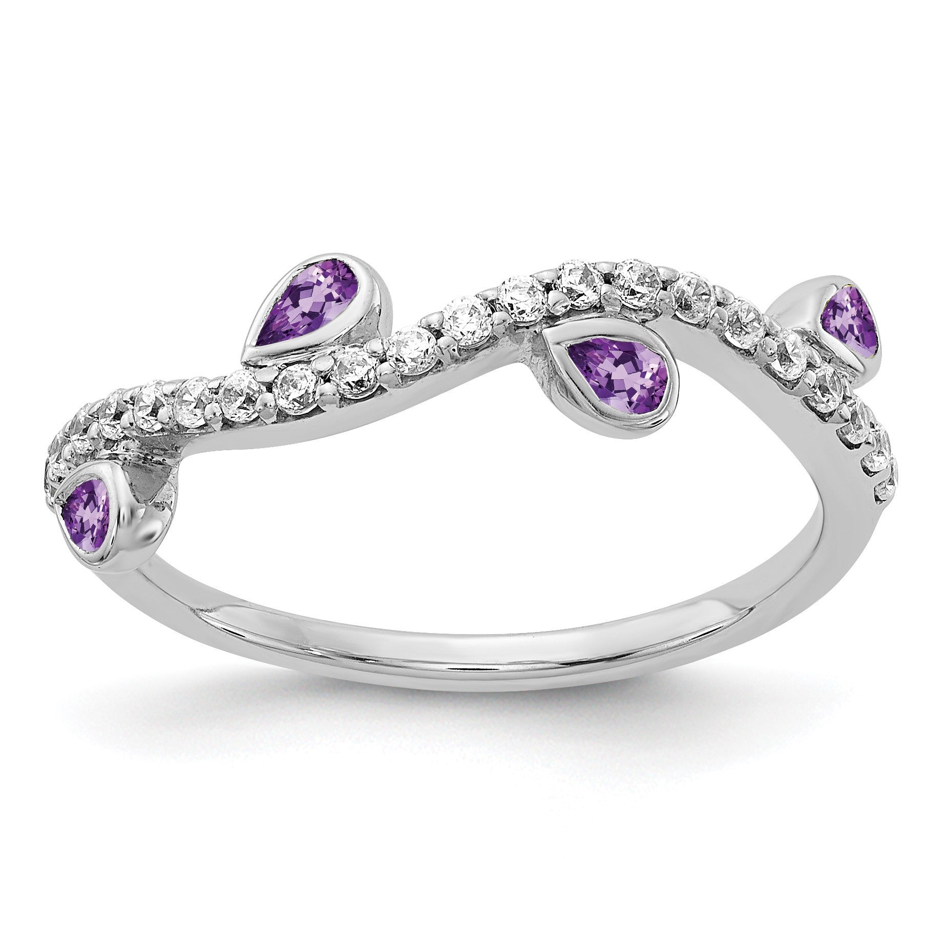 14k White Gold 1/5 carat Diamond and Pear Amethyst Curved 4-Stone Ring