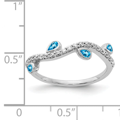 14k White Gold 1/5 carat Diamond and Pear Blue Topaz Curved 4-Stone Ring