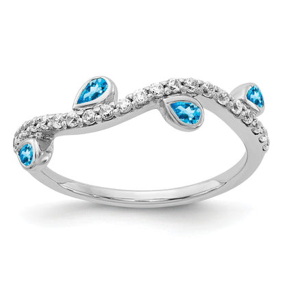 14k White Gold 1/5 carat Diamond and Pear Blue Topaz Curved 4-Stone Ring