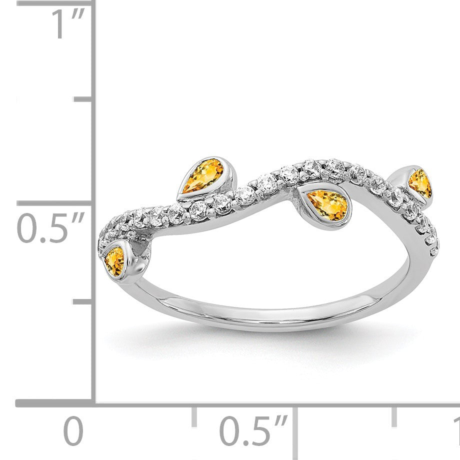14k White Gold 1/5 carat Diamond and Pear Citrine Curved 4-Stone Ring