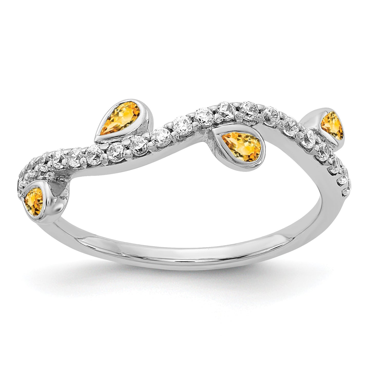 14k White Gold 1/5 carat Diamond and Pear Citrine Curved 4-Stone Ring