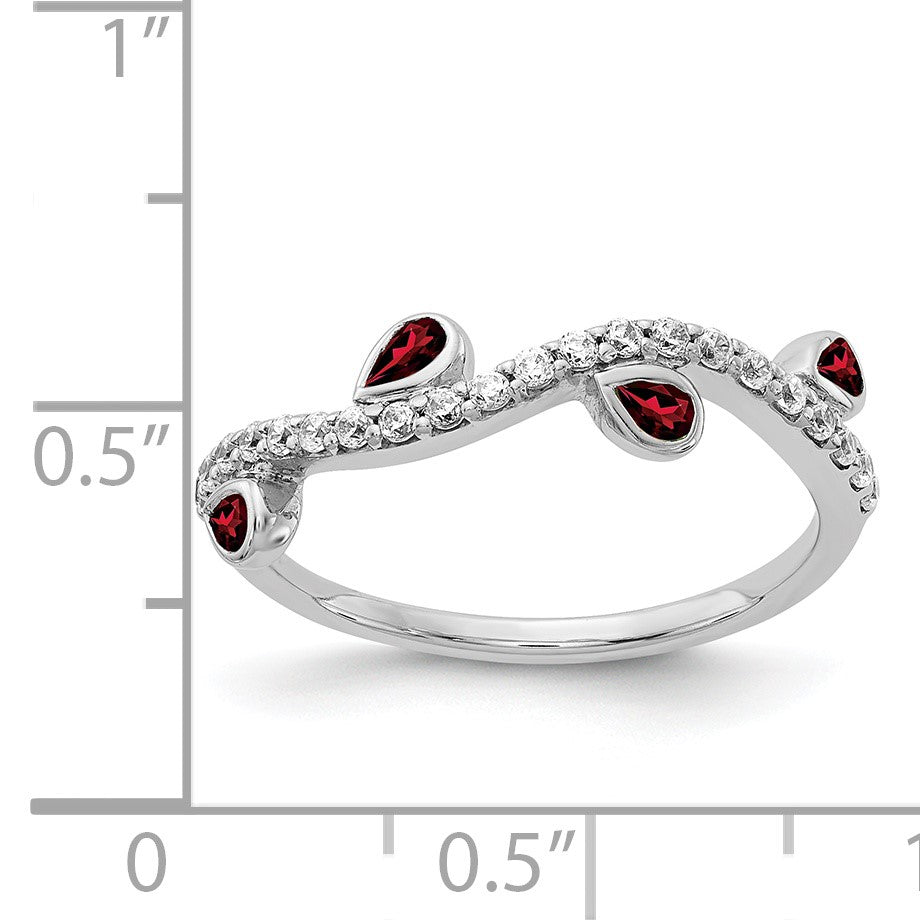 14k White Gold 1/5 carat Diamond and Pear Garnet Curved 4-Stone Ring
