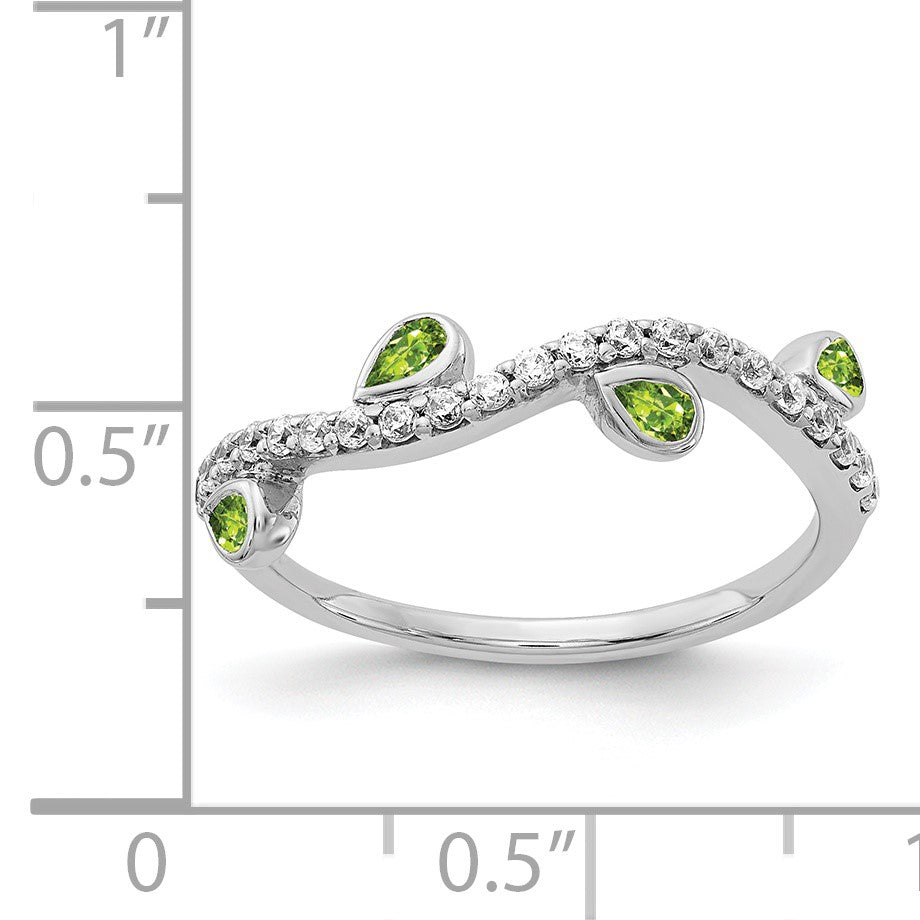 14k White Gold 1/5 carat Diamond and Pear Peridot Curved 4-Stone Ring