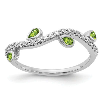 14k White Gold 1/5 carat Diamond and Pear Peridot Curved 4-Stone Ring