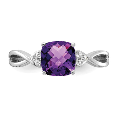 14k White Gold 7mm Cushion Checkerboard February/Amethyst and Diamond Ring