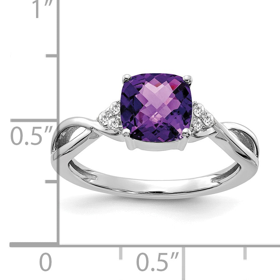 14k White Gold 7mm Cushion Checkerboard February/Amethyst and Diamond Ring