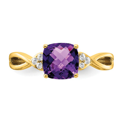 14k 7mm Cushion Checkerboard February/Amethyst and Diamond Ring