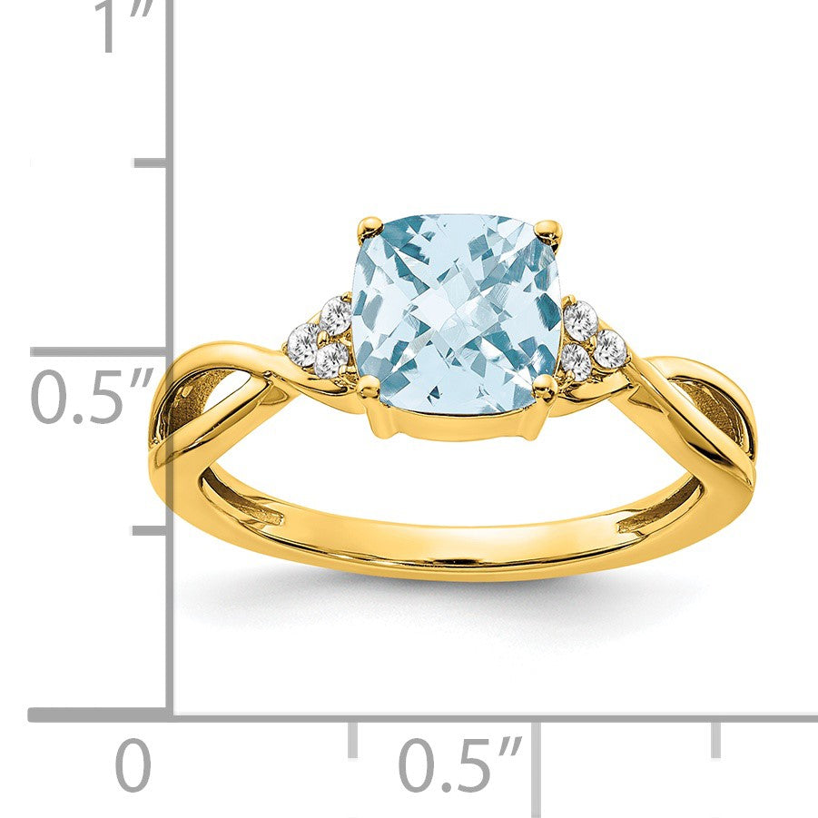 14k 7mm Cushion Checkerboard March/Aquamarine and Diamond Ring