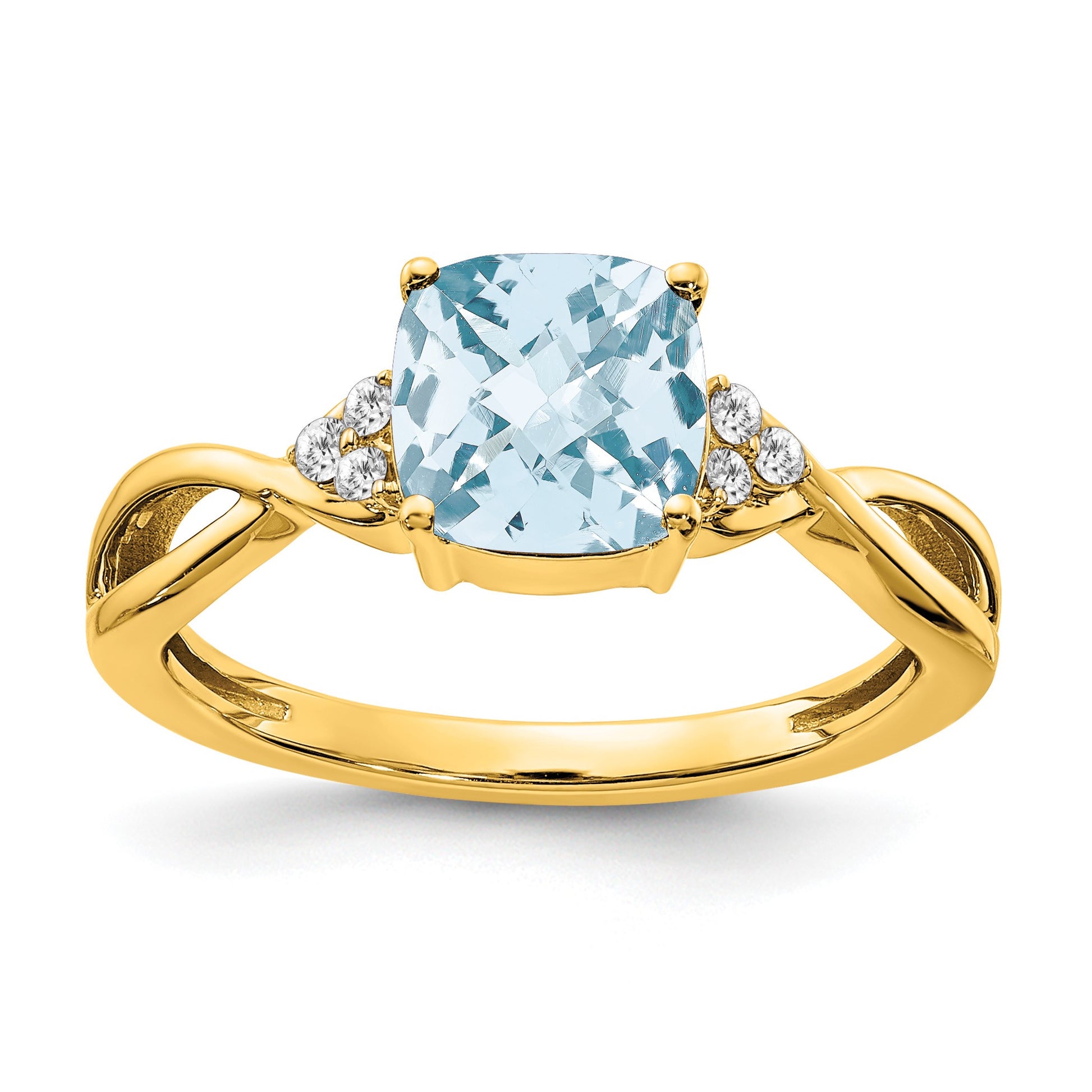 14k 7mm Cushion Checkerboard March/Aquamarine and Diamond Ring