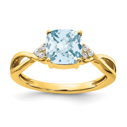 14k 7mm Cushion Checkerboard March/Aquamarine and Diamond Ring