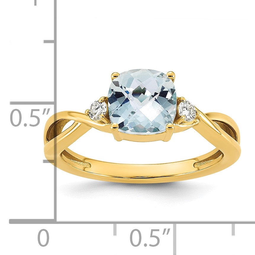 10k Checkerboard Aquamarine & 1/10 carat Lab Grown Diamond VS/SI+ G+ March Birthstone Complete Ring