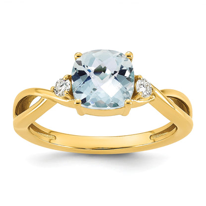 10k Checkerboard Aquamarine & 1/10 carat Lab Grown Diamond VS/SI+ G+ March Birthstone Complete Ring