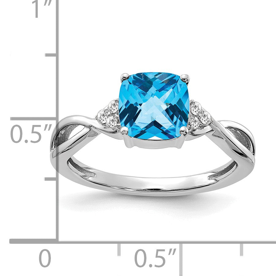 14k White Gold 7mm Cushion Checkerboard December/Blue Topaz and Diamond Ring