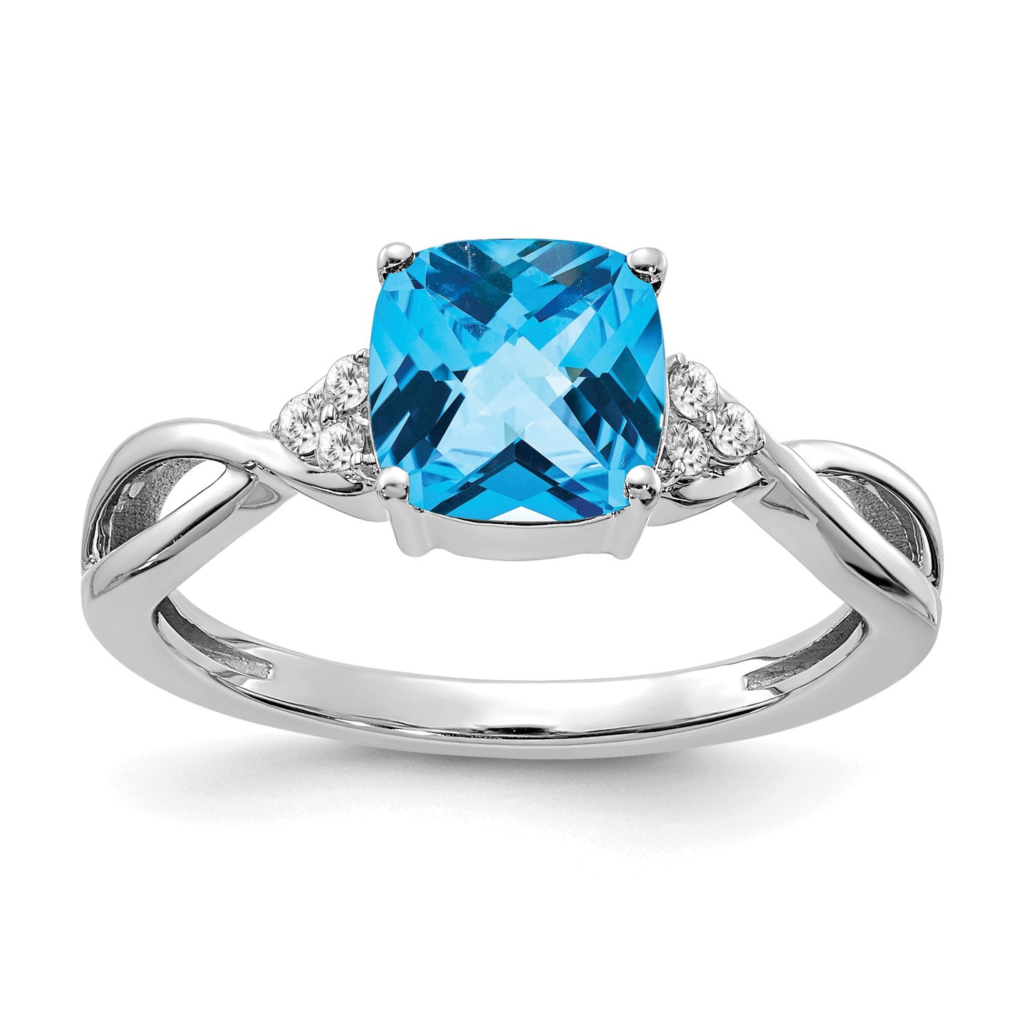 14k White Gold 7mm Cushion Checkerboard December/Blue Topaz and Diamond Ring