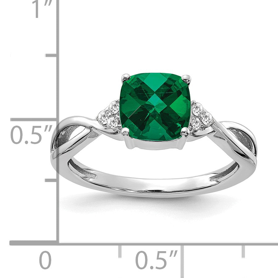 14k White Gold 7mm Cushion Checkerboard May/Lab Created Emerald and Diamond Ring