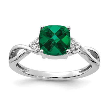 14k White Gold 7mm Cushion Checkerboard May/Lab Created Emerald and Diamond Ring