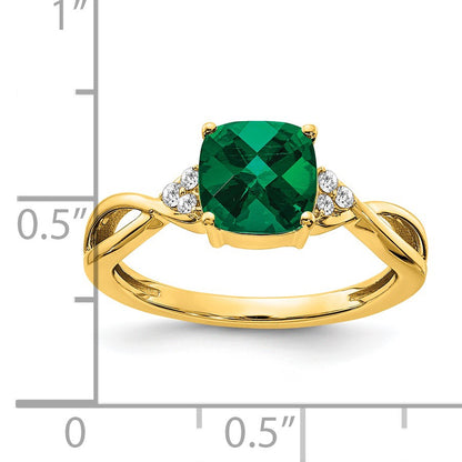 14k 7mm Cushion Checkerboard May/Lab Created Emerald and Diamond Ring