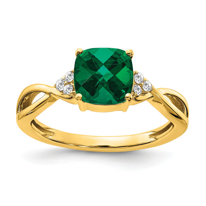 14k 7mm Cushion Checkerboard May/Lab Created Emerald and Diamond Ring