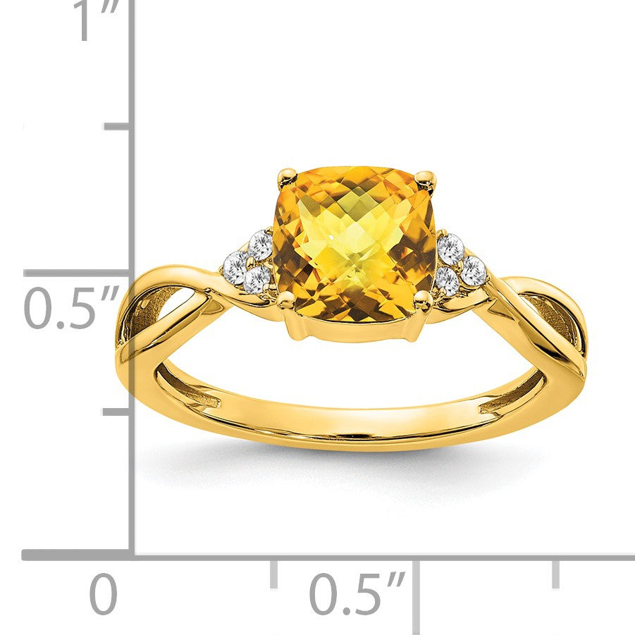 14k 7mm Cushion Checkerboard November/Citrine and Diamond Ring