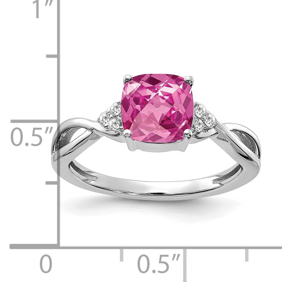 14k White Gold 7mm Cushion Checkerboard October/Lab Created Pink Sapphire and Diamond Ring