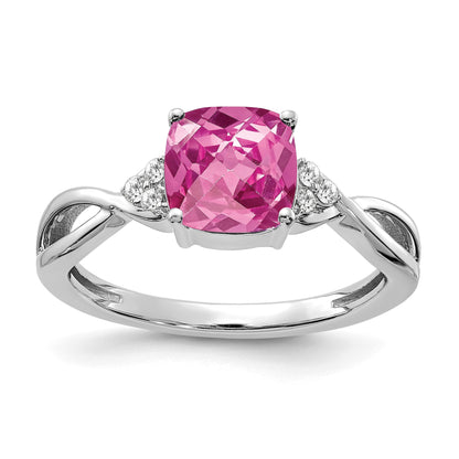 14k White Gold 7mm Cushion Checkerboard October/Lab Created Pink Sapphire and Diamond Ring