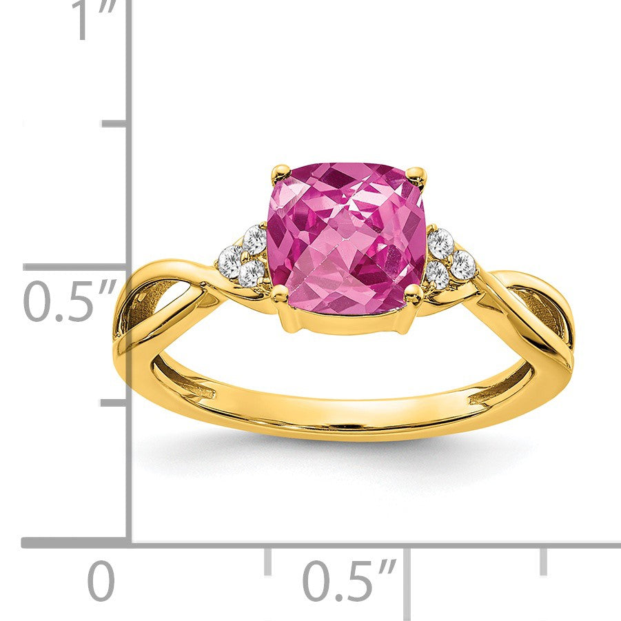 14k 7mm Cushion Checkerboard October/Lab Created Pink Sapphire and Diamond Ring